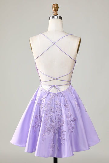 Purple Corset A-Line Satin Short Formal Dress with Lace
